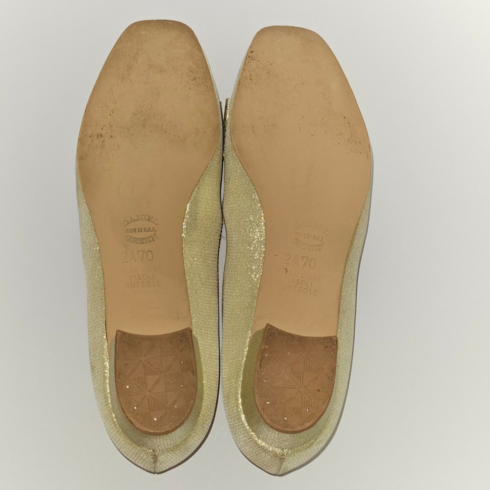 Rare VTG 60s Daniel Green‎ Gold Glitter Slippers Bow Lurex Heels US 7AA Narrow - Picture 7 of 14